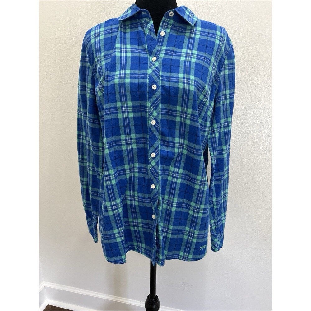 Talbots Womens Sz L Top Blue Plaid Roll Tab Long Sleeves Button Up 100 Cotton